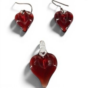 Ruby Red Lampwork Glass Heart Pendant and Drop Earrings Jewelry Set Artisan